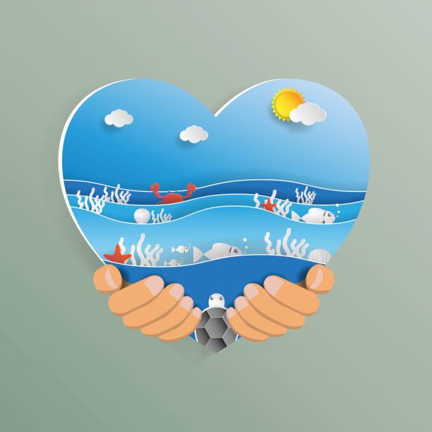 ilustrações de stock, clip art, desenhos animados e ícones de hand holding heart shape with ocean wave paper art style. - sea ideas concepts crab