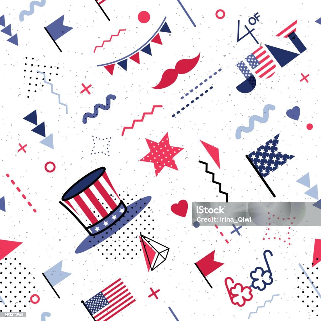 4 July USA Independence Day abstract background in 80s abstract style. 4 July USA Independence Day abstract background in 80s abstract style. Seamless abstract pattern for posers and cards. Hipster bright color background. Vector illustration Fourth of July stock vector