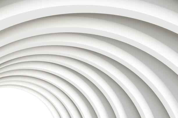 Modern white concrete arched ceiling in perspective. Architectural vector 3d background. A modern white concrete arched ceiling in perspective. The same semicircular shape. The light in the end. arches stock illustrations