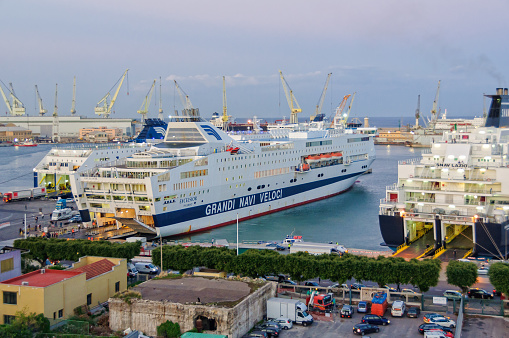 Palermo, Sicily, Italy - October 20, 2011: Grandi Navi Veloci  ferries are loaded and unloaded in the Port of Palermo