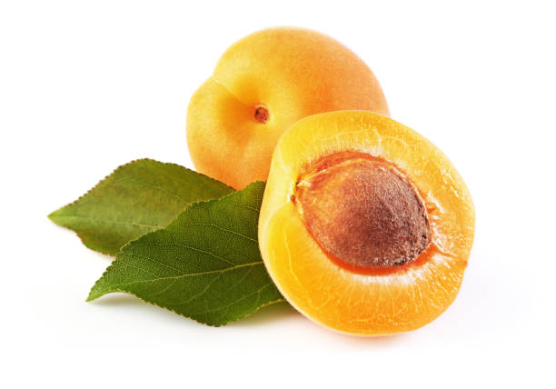 istock Fresh apricot with green leaves isolated on white 693226304