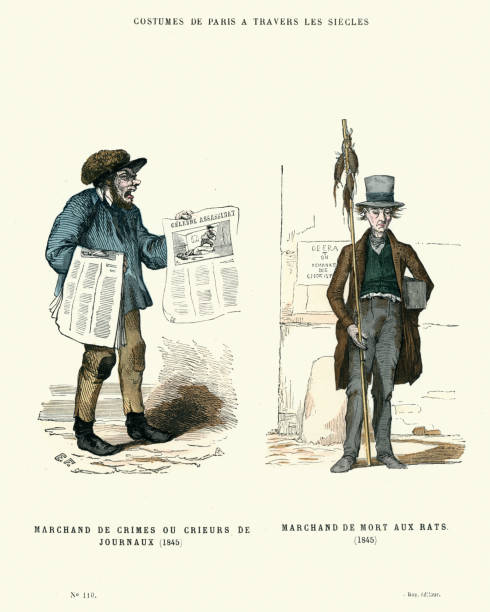 History of Fashion Newspaper vendor and Rat-catcher Vintage engraving of a Marchand de crimes ou crieurs de journaux and marchand de mort auc rats, 19th Century newspaper seller stock illustrations