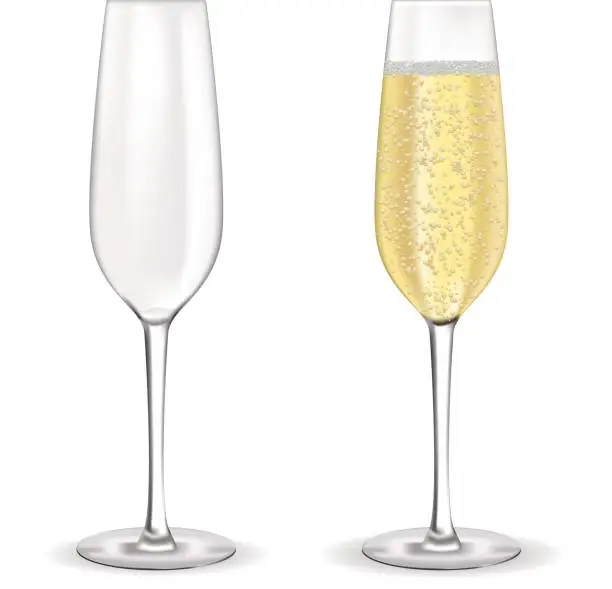 Vector illustration of Glass of sparkling wine. Champagne with bubbles.