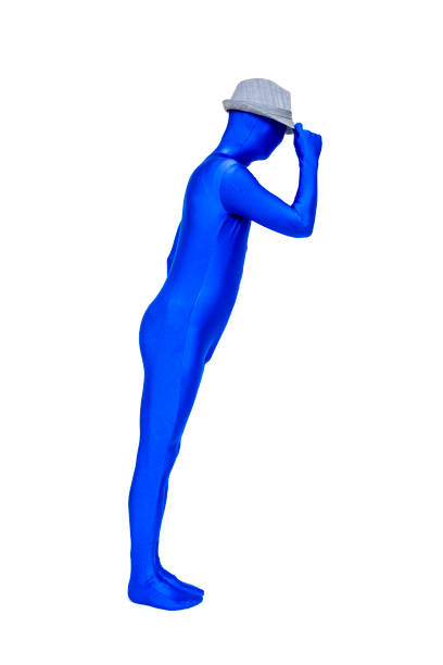 istock Mysterious blue man in blue suit wears a white hat on his head 693248188