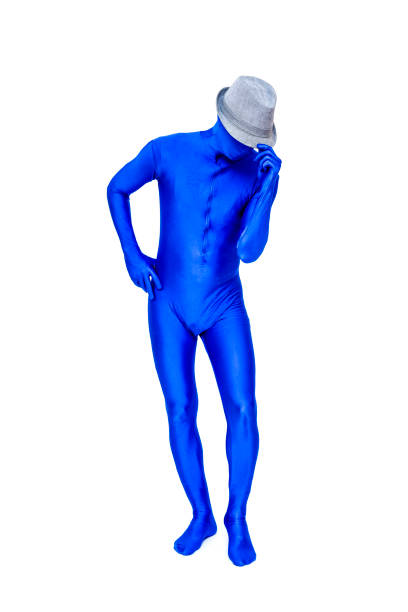 istock Mysterious blue man in blue suit wears a white hat on his head 693248196