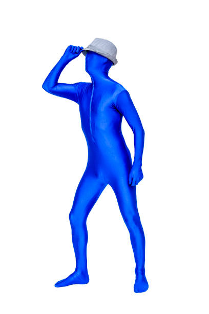 istock Mysterious blue man in blue suit wears a white hat on his head 693248198