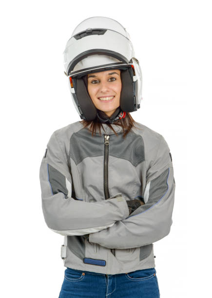 istock woman with motorcycle white helmet with opened shield system, on white 693251524