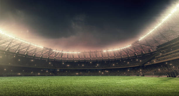 estadio de fútbol con iluminación y noche cielo - soccer field night stadium soccer fotografías e imágenes de stock