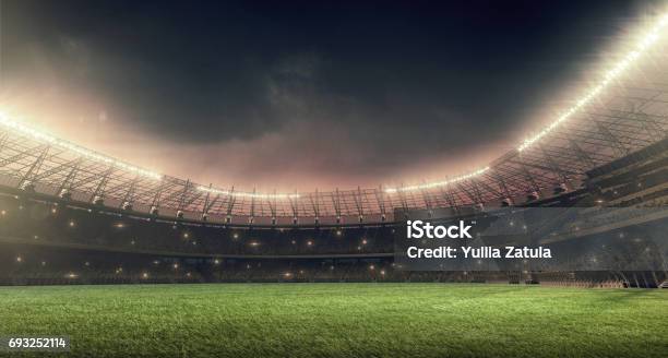 Soccer Stadium With Illumination And Night Sky Stock Photo - Download Image Now - Soccer, Stadium, Backgrounds