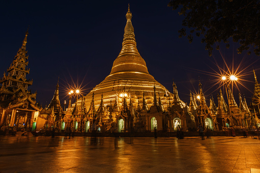 Shwedagon Pagoda, officially named Shwedagon Zedi Daw and also known as the Great Dagon Pagoda and the Golden Pagoda. The Shwedagon Pagoda is the most famous landmark of Yangon. The 99 meter high gold plated Pagoda(stupa) on a small hill is visible from much of the city.