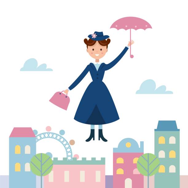 ilustrações de stock, clip art, desenhos animados e ícones de baby sitter flying over the town. vector illustration - nanny