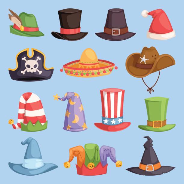 illustrations, cliparts, dessins animés et icônes de drôle de différent chapeaux de fête et vacances vecteur de mascarade - cowboy hat personal accessory equipment headdress