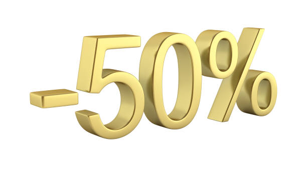 istock Gold text 50 percent off on white background without shadow 3D render 693269400