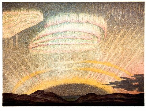 Antique illustration of a Northern light with arc, rays and drapery