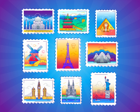 Stamps - modern vector line travel illustration of collection. See landmarks - Eiffel tower, Taj Mahal, Great Wall, Sphinx, Big Ben, Cologne Cathedral, statue of Liberty.