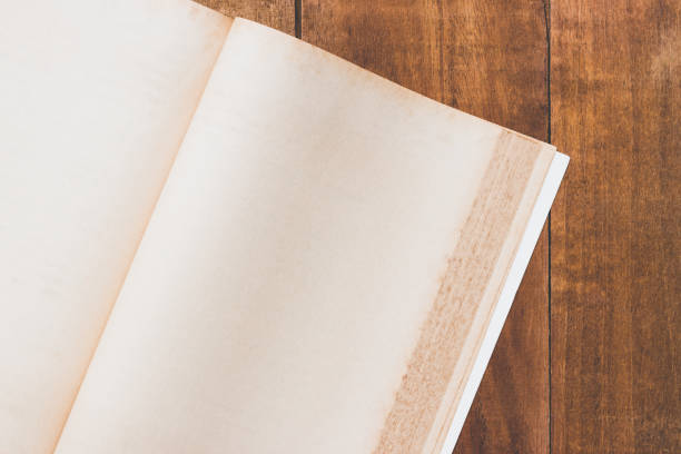 istock Old blank book open  on the wood table 693277948