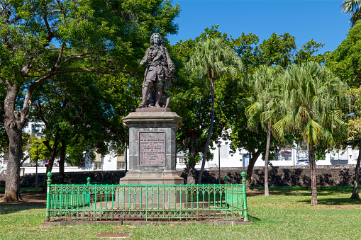 Bronze statue of Mahé de La Bourdonnais at the Square La Bourdonnais in the Barachois quarter in Saint-Denis de la Reunion. The statue casted by Louis Rochet was inaugurated in August 15 1856.