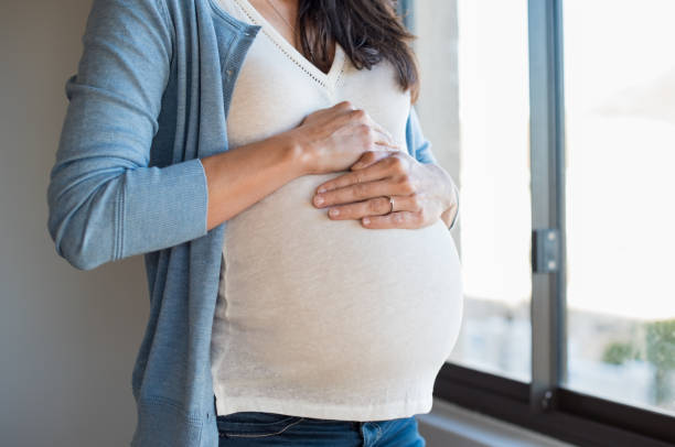 zbliżenie brzuch kobiety w ciąży - window human pregnancy home interior women zdjęcia i obrazy z banku zdjęć