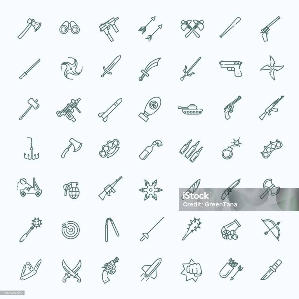 Weapons vector icons set, Arms solid symbol Weapons vector icons set, cold steel arms Slingshot stock vector
