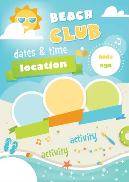 Vector illustration of Beach Club or Camp for Kids. Summer Poster Vector Template