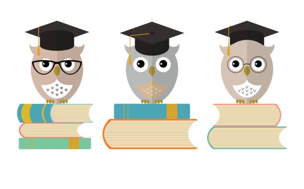 istock Owls in graduation cap with books. Set of cute owl icons 693297420