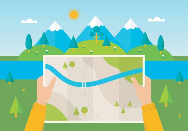 Hiker Reading Map Man on a hiking trip holding a map in his hands. Nature landscape of mountains, hills, meadows and river. hiking sign stock illustrations