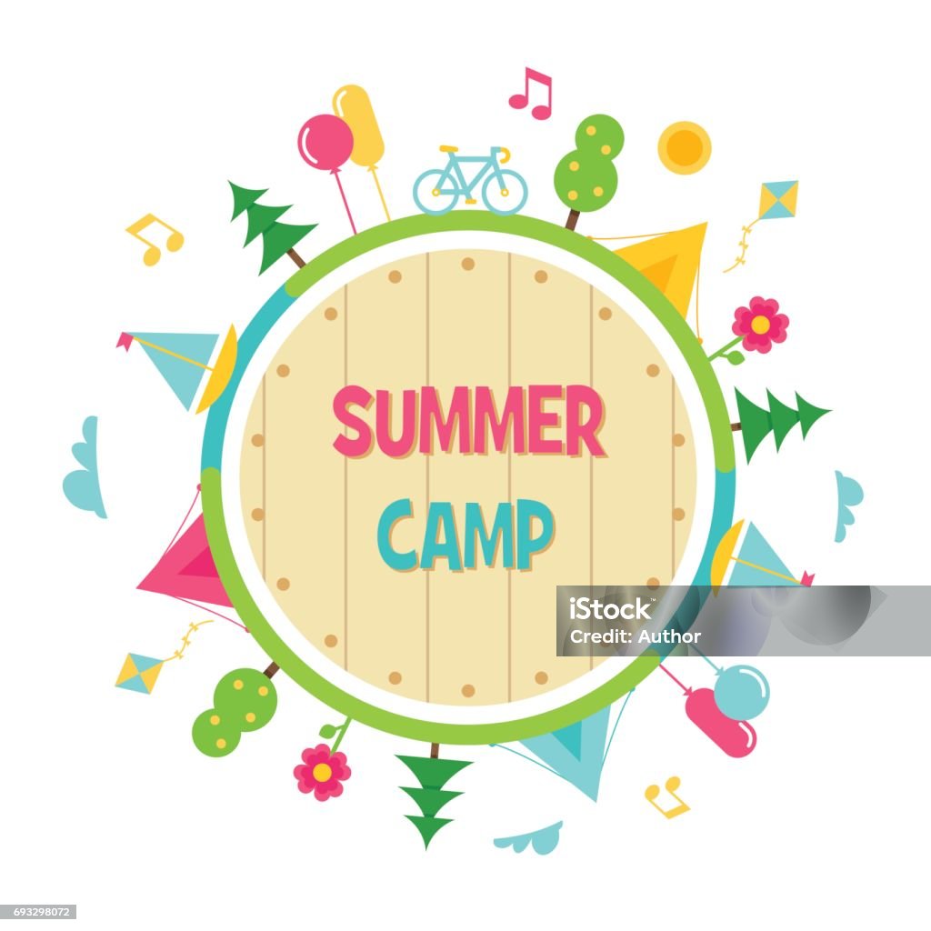 Summer Camp and Outdoor Activities Circle Sign Kids Summer Camp and Outdoor Activities Circle Vector Sign Summer Camp stock vector