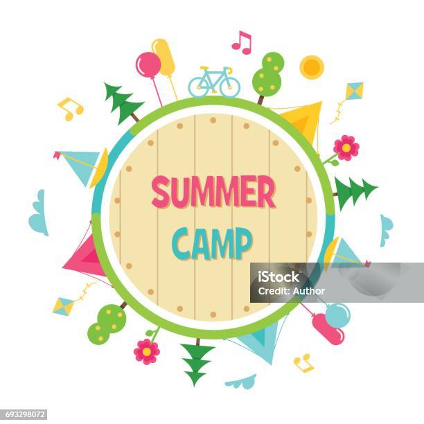 Summer Camp And Outdoor Activities Circle Sign Stock Illustration - Download Image Now - Summer Camp, Child, Vector