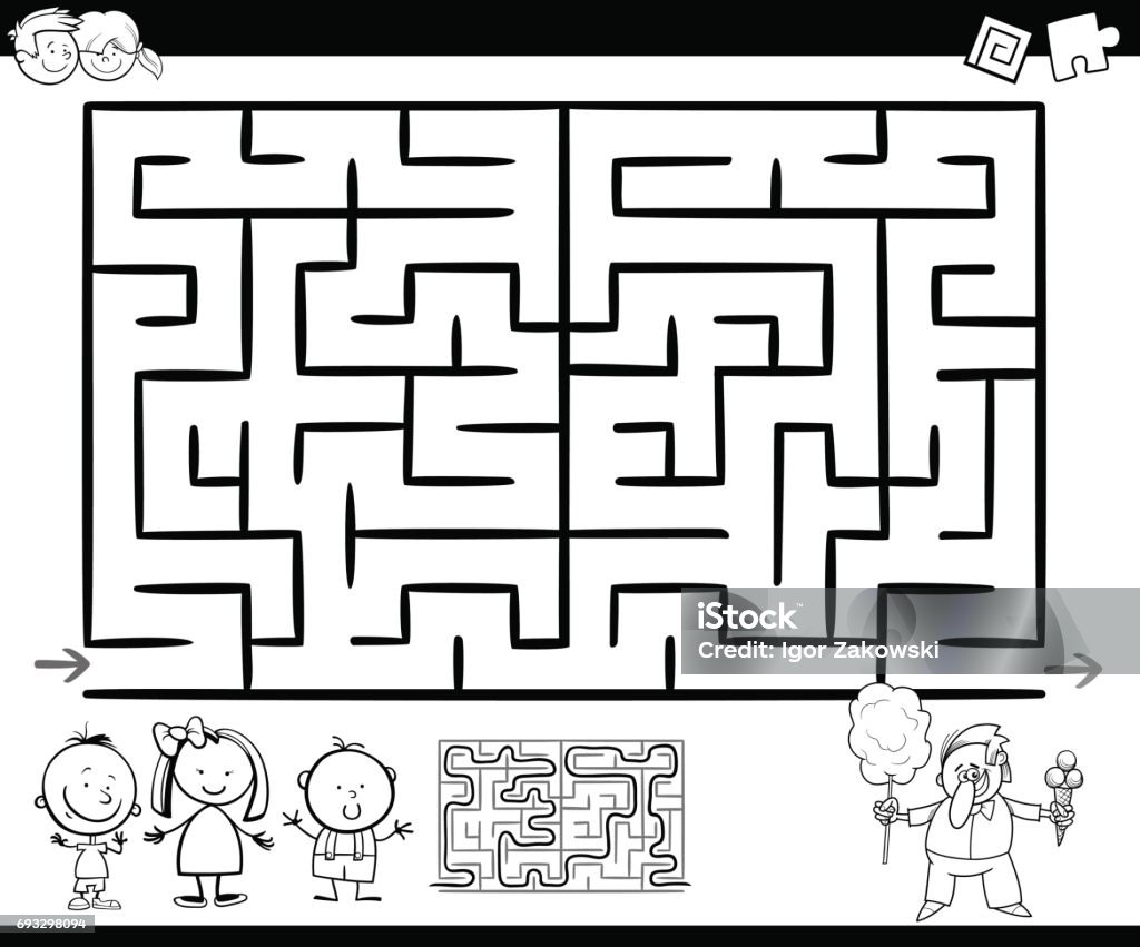 maze or labyrinth game coloring page Cartoon Illustration of Education Maze or Labyrinth Game for Children with Kids Cotton Candy Seller Coloring Page Black And White stock vector