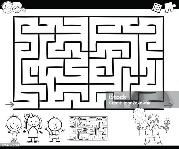 Maze Or Labyrinth Game Coloring Page Stock Illustration - Download Image Now - Black And White, Book, Boys