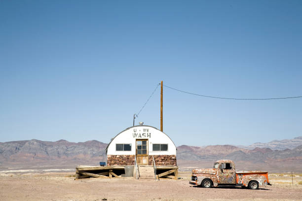 Abandoned retro laudromat in Arizona desert landscape