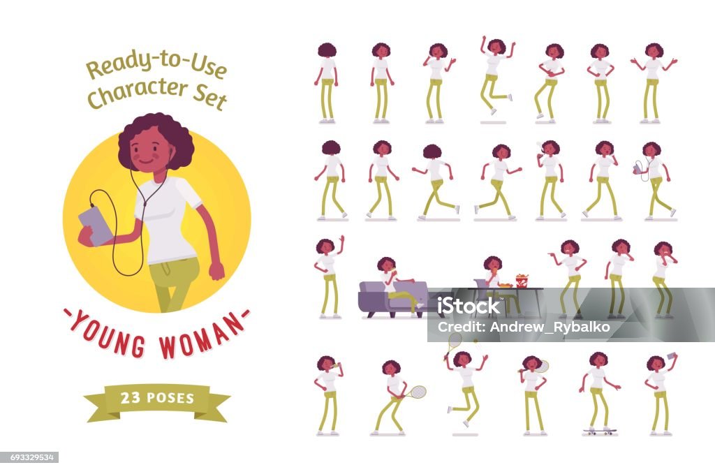 Ready-to-use black, african american woman set, various poses and emotions Ready-to-use character set. Black, african american young woman, curly. Various poses and emotions, running, standing, walking, eating. Full length, front, rear view, isolated, white background Characters stock vector