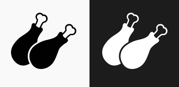 흑인과 백인 벡터 배경에서 닭 다리 아이콘 - chicken meat food chicken wing stock illustrations
