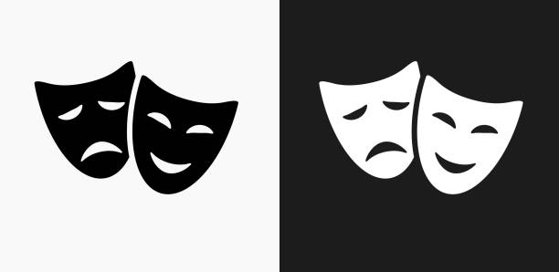 Theatre Comedy and Tragedy Icon on Black and White Vector Backgrounds Theatre Comedy and Tragedy Icon on Black and White Vector Backgrounds. This vector illustration includes two variations of the icon one in black on a light background on the left and another version in white on a dark background positioned on the right. The vector icon is simple yet elegant and can be used in a variety of ways including website or mobile application icon. This royalty free image is 100% vector based and all design elements can be scaled to any size. tragedy mask stock illustrations