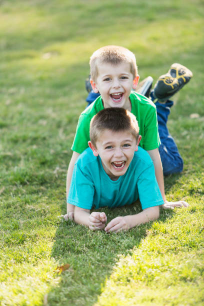 istock Brothers lying on grass in park, laughing and shouting 693340174