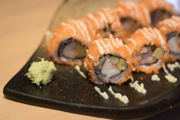 istock close up of sushi rolls on black plate 693340316
