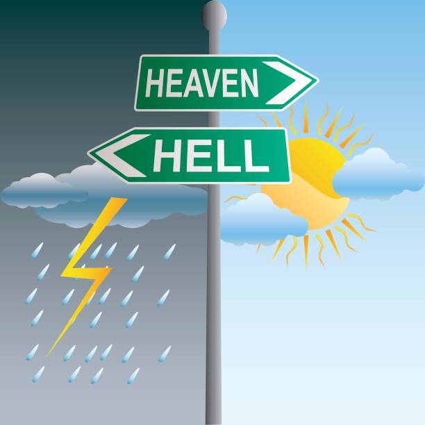 prosta ilustracja błękitnego nieba i znaku drogowego ze strzałkami w lewo i w prawo. - heaven hell road sign sign stock illustrations