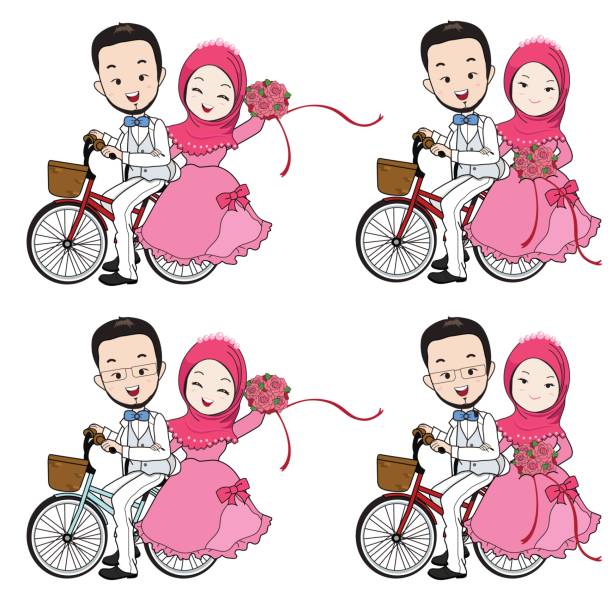 ilustraciones, imágenes clip art, dibujos animados e iconos de stock de dibujos animados de boda musulmán, novia y bicicletas del montar a caballo de novio con ramo de flores. - novio participación en la boda