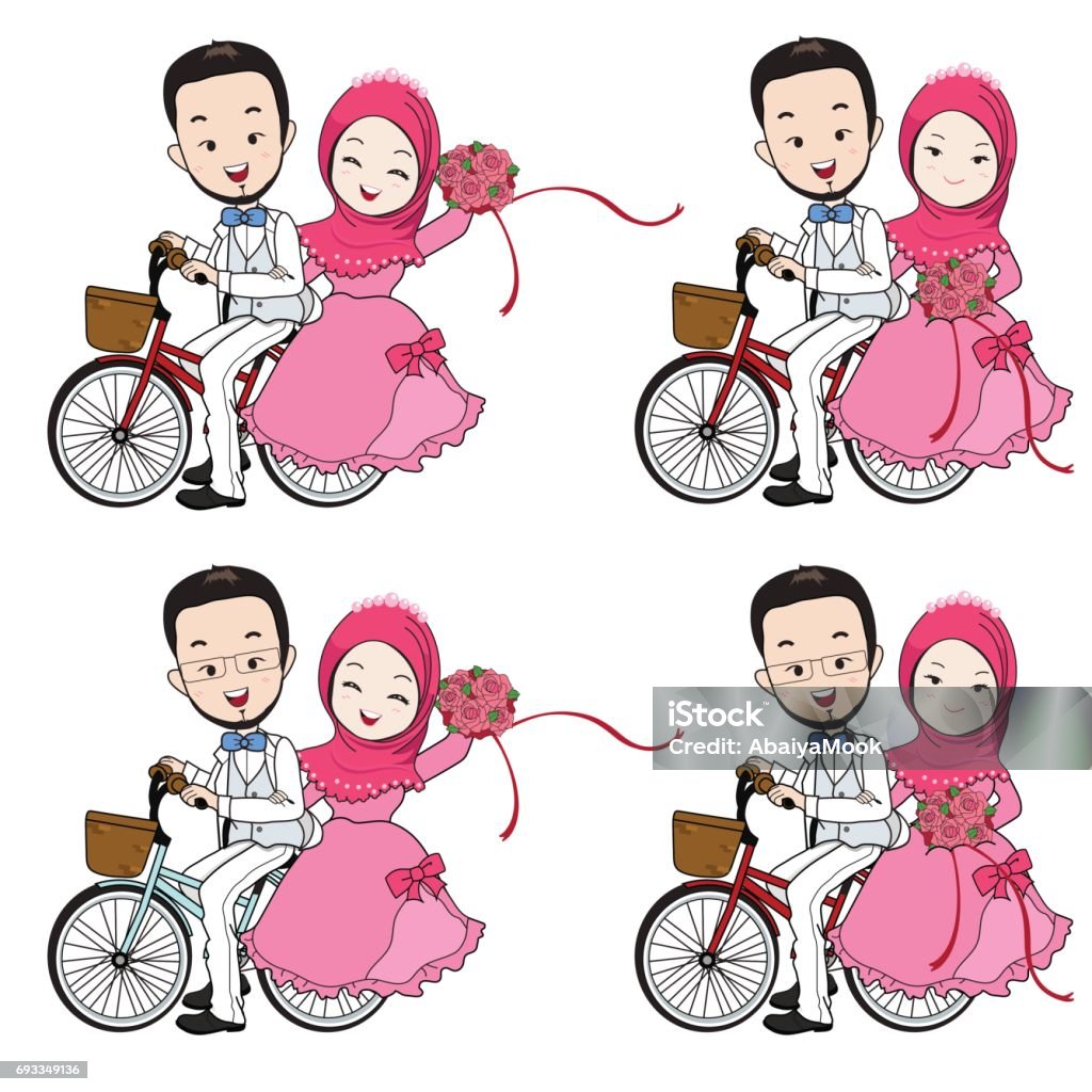Muslim Wedding Cartoon Bride And Groom Riding Bicycle With Flower Bouquet  Stock Illustration - Download Image Now - iStock