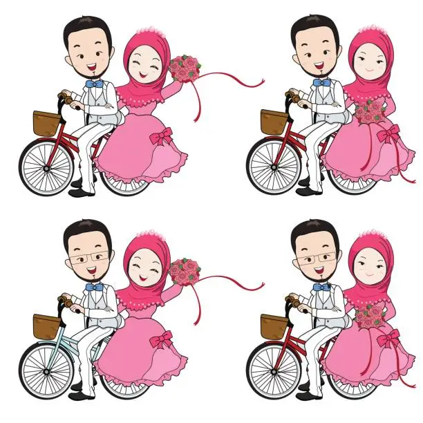 Vector illustration of Muslim wedding cartoon, bride and groom riding bicycle with flower bouquet.