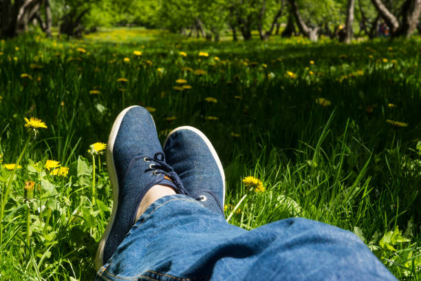 istock Young man with blue shoe laying on grass 693349200