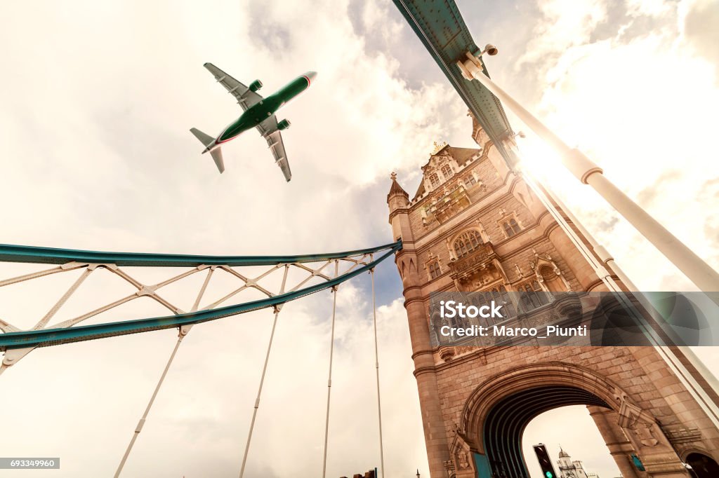 Skyscraper Tower Bridge with a airplane Skyscraper with a airplane London - England Stock Photo