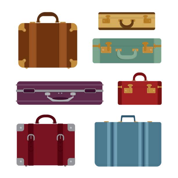 illustrazioni stock, clip art, cartoni animati e icone di tendenza di set vettoriale borse da viaggio - valigia