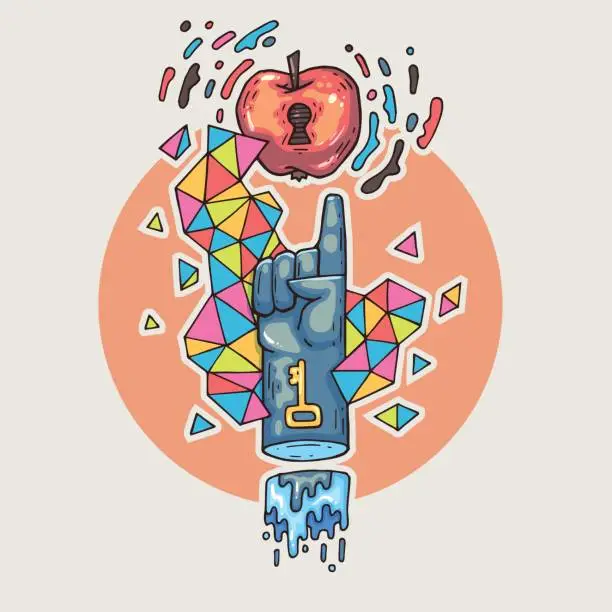 Vector illustration of Hand reaches for an apple. Cartoon illustration in comic trendy style