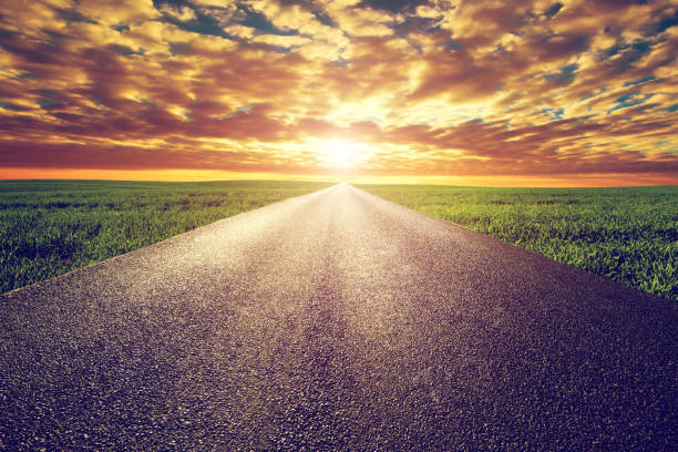 istock Long straight road, way towards sunset sun 693359298