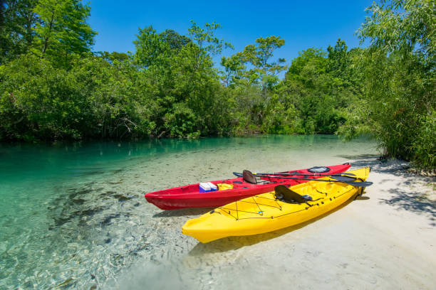 istock Two Kayaks on Sandy River Bank 693359508