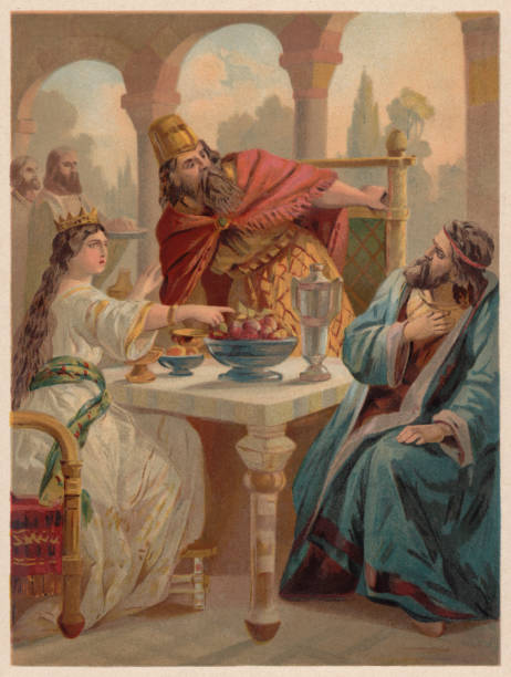 Queen Esther accuses Haman before King Ahasuerus, chromolithograph, published 1886 Queen Esther accuses Haman before King Ahasuerus. Chromolithograph, published in 1886. esther bible stock illustrations