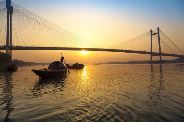 Vidyasagar Setu also known as the Second Hooghly bridge is the longest cable stayed bridge in India. Photograph taken from Princep Ghat on the banks of river Hooghly.