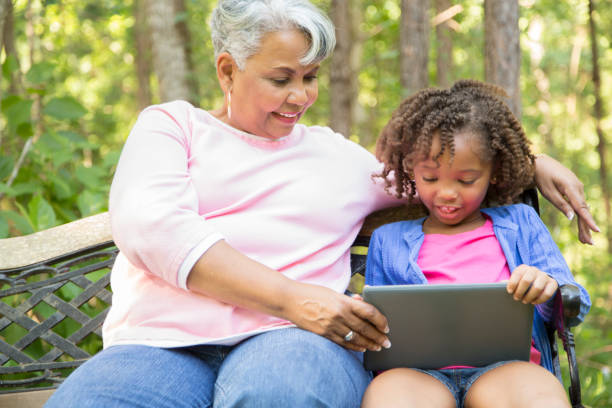 istock Grandmother and grandchild using digital tablet outdoors together. 693363170