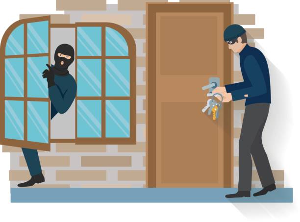 illustrazioni stock, clip art, cartoni animati e icone di tendenza di ladro in casa vettore sfondo bianco - burglary burglar thief house